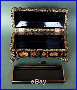 ANTIQUE CHINESE EXPORT LACQUER BOX WINGED DRAGON FEET HAND PAINTED GILDED DECOR
