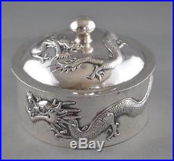 ANTIQUE CHINESE EXPORT SILVER COVERED DISH, BOX with DRAGONS