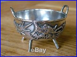 ANTIQUE CHINESE EXPORT SOLID SILVER OPEN SALT TUCK CHANG CAULDRON DRAGON NR