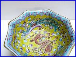 ANTIQUE CHINESE FAMILLE JAUNE POLYCHOME PORCELAIN BOWL 5 CLAWED IMPERIAL DRAGON