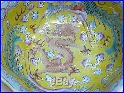 ANTIQUE CHINESE FAMILLE JAUNE POLYCHOME PORCELAIN BOWL 5 CLAWED IMPERIAL DRAGON