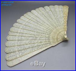 ANTIQUE CHINESE HAND CARVED EVENTAIL FAN OF PEOPLE, PAGODAS, DRAGONS, c1890