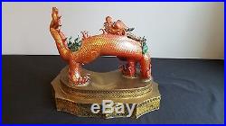 ANTIQUE CHINESE LARGE GOLD GILT DELICATE PORCELAIN DRAGON ON CUSTOM BRASS STAND