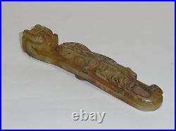 ANTIQUE CHINESE OPENWORK CARVED JADE DRAGON & CHILONG BELT BUCKLE 133 mm