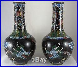 ANTIQUE CHINESE PAIR OF CLOISONNE VASES 5 CLAW DRAGONS 9 INCHES HIGH