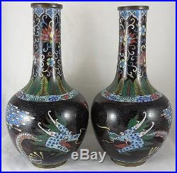 ANTIQUE CHINESE PAIR OF CLOISONNE VASES 5 CLAW DRAGONS 9 INCHES HIGH