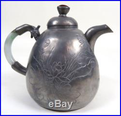 ANTIQUE CHINESE PEWTER JADE HANDLE LIDDED CARNELIAN FLORAL DRAGON ETCHED TEAPOT