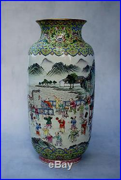 Antique Chinese Porcelain Vase Famille Rose Boys Dragon Qianlong Mark