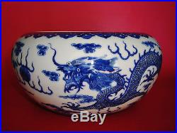 ANTIQUE CHINESE QIANLONG Marked Large BLUE & WHITE 5 CLAWS DRAGON BOWL