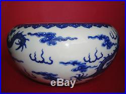 ANTIQUE CHINESE QIANLONG Marked Large BLUE & WHITE 5 CLAWS DRAGON BOWL