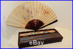 ANTIQUE CHINESE QING DYNASTY 19c SILK EMBROIDERY DRAGON FAN IN LACQUER BOX