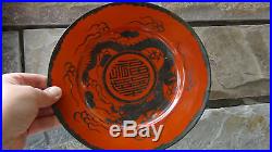 ANTIQUE CHINESE RARE RED CORAL PORCELAIN WithSILVER DRAGON PLATE ON RASEWOOD STAND