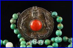 Antique Chinese Red Coral Green Turquoise Jade Dragon Silver Necklace 052916350