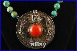 Antique Chinese Red Coral Green Turquoise Jade Dragon Silver Necklace 052916350