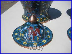 Antique Chinese Royal Palace Cloisonne Lidded Vase Urn Foo Dog Dragon Pair 16