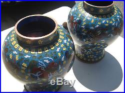 Antique Chinese Royal Palace Cloisonne Lidded Vase Urn Foo Dog Dragon Pair 16