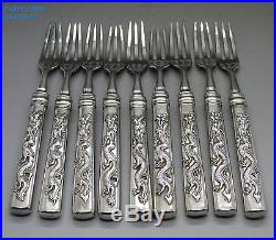 ANTIQUE CHINESE SET 9 SOLID SILVER DRAGON HANDLED FORKS, WANG HING, 378g, c1890