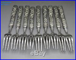 ANTIQUE CHINESE SET 9 SOLID SILVER DRAGON HANDLED FORKS, WANG HING, 378g, c1890