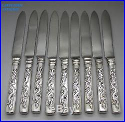 ANTIQUE CHINESE SET 9 SOLID SILVER DRAGON HANDLED KNIVES, WANG HING, 436g, c1890