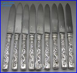ANTIQUE CHINESE SET 9 SOLID SILVER DRAGON HANDLED KNIVES, WANG HING, 436g, c1890