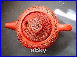 Antique Chinese Signed Cinnabar Lacquered Yixing Clay Teapot Dragon Design