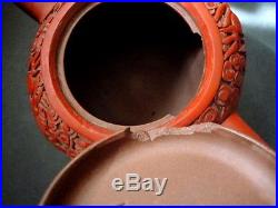 Antique Chinese Signed Cinnabar Lacquered Yixing Clay Teapot Dragon Design