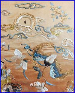 ANTIQUE CHINESE SILK TEXTILE EMBROIDERY SCENE OF FIGURES DRAGON SUN TREE OCEAN