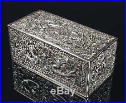 Antique Chinese Silver Covered Box With Relief Dragons And Mark