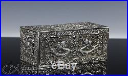 Antique Chinese Silver Covered Box With Relief Dragons And Mark