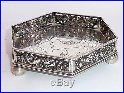 ANTIQUE CHINESE SILVER EXPORT CARD TRAY SF WF DRAGON DESIGN