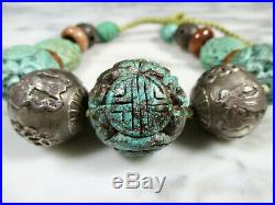 ANTIQUE CHINESE SILVER & HUGE 32mm CARVED TURQUOISE DRAGON SHOU BEAD NECKLACE