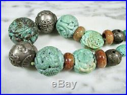ANTIQUE CHINESE SILVER & HUGE 32mm CARVED TURQUOISE DRAGON SHOU BEAD NECKLACE