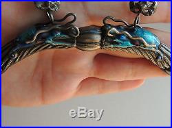 Antique Chinese Silver Kylin Necklace Silver Enamel Dragons