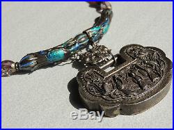 ANTIQUE CHINESE SILVER NECKLACE SILVER ENAMEL DRAGONS LOCKET NECKLACE