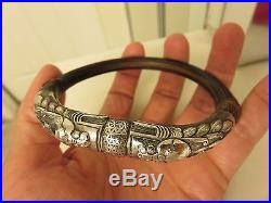 Antique Chinese Silver Rattan Bamboo Double Dragon Head Bangle Bracelet