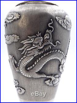 ANTIQUE CHINESE STERLING SILVER EXPORT DRAGON VASE WITH MARKS 20th C