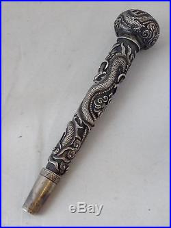 ANTIQUE CHINESE STERLING SILVER KNOP CANE OR UMBRELLA WITH DRAGON PATTERN 19th C