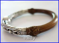 Antique Chinese Sterling Silver Repousse Carved Bamboo Dragon Bracelet