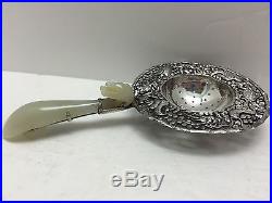Antique Chinese Sterling Silver Tea Strainer With White Jade Dragon Belt Hook
