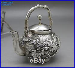 ANTIQUE CHINESE SUPER SOLID SILVER MINIATURE DRAGON KETTLE & STAND, CUMWO, c1890