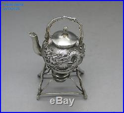 ANTIQUE CHINESE SUPER SOLID SILVER MINIATURE DRAGON KETTLE & STAND, CUMWO, c1890