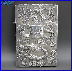 ANTIQUE CHINESE SUPERB SOLID SILVER EMBOSSED DRAGON CARD CASE BY WANG HING c1900