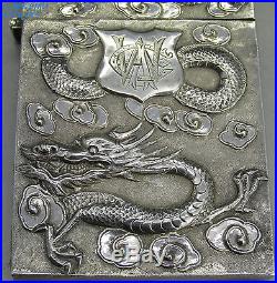 ANTIQUE CHINESE SUPERB SOLID SILVER EMBOSSED DRAGON CARD CASE BY WANG HING c1900