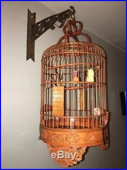 ANTIQUE CHINESE WOOD BAMBOO CARVED & PORCELAIN DISHES BIRD CAGE WithHOOK
