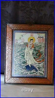ANTIQUE EARLY 20c CHINESE FRAMED PORCELAIN PLAQUE QUAIN-YIN ON A DRAGON