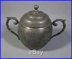 Antique Engraved Chinese Pewter Tea Set And Tray By Huikee Of Swatow Dragons