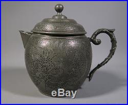 Antique Engraved Chinese Pewter Tea Set And Tray By Huikee Of Swatow Dragons