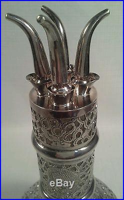 Antique Four Print Chinese Sterling Silver Overlay Wine Decanter With Dragons