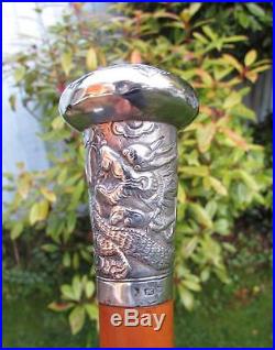 ANTIQUE HALLMARKED CHINESE SILVER TOPPED (DRAGON) WALKING STICK / CANE