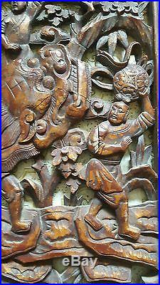 Antique Japanese Chinese Wood Solid Pierced Hand Carved Panel, Dragon People